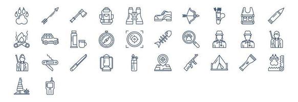 Collection of icons related to Hunting and camping, including icons like Animal, Arrow, Axe, Backpack and more. vector illustrations, Pixel Perfect set