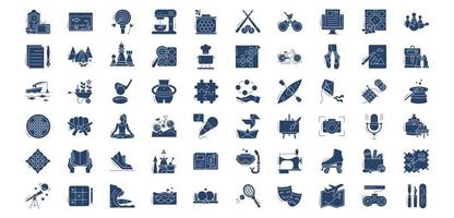 Collection of icons related to Hobby and interests, including icons like Camping, Cycling, Kayaking, Golf and more. vector illustrations, Pixel Perfect set