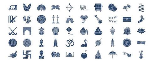 Collection of icons related to India country and culture, including icons like Banana Leaf, Coconut, Hokey, Elephant and more. vector illustrations, Pixel Perfect set