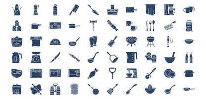 Collection of icons related to Kitchen Tools, including icons like Apron, Butcher knife, Cooker, Coffee mug and more. vector illustrations, Pixel Perfect set