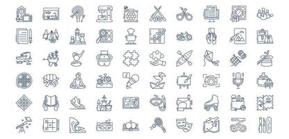 Collection of icons related to Hobby and interests, including icons like Camping, Cycling, Kayaking, Golf and more. vector illustrations, Pixel Perfect set