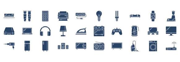 Collection of icons related to Home appliances, including icons like Printer, Bulb, Microwave oven, Washing machine and more. vector illustrations, Pixel Perfect set