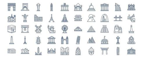 Collection of icons related to World famous landmarks, including icons like Taj Mahal, Taipei, Torii and more. vector illustrations, Pixel Perfect set
