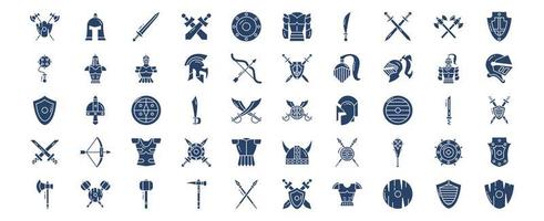 Collection of icons related to Medieval and kingdoms, including icons like Barbute, Armor, Roman Helm, War and more. vector illustrations, Pixel Perfect set