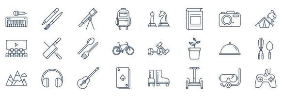 Collection of icons related to Hobbies and free time, including icons like Music, Art, Gams, Cinema and more. vector illustrations, Pixel Perfect set