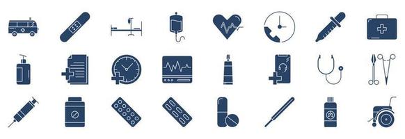 Collection of icons related to Hospital and medical, including icons like Ambulance, Bed, Blood, First aid kit and more. vector illustrations, Pixel Perfect set