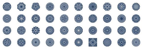 Collection of icons related to Mandalas, including icons like Pattern, Hinduism, Geometric shape, abstract and more. vector illustrations, Pixel Perfect set