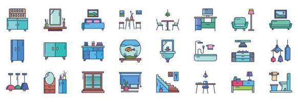 Collection of icons related to Interior and home decor, including icons like Bar, Bed, Coffee table, Sofa and more. vector illustrations, Pixel Perfect set