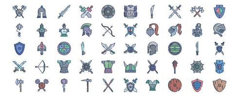 Collection of icons related to Medieval and kingdoms, including icons like Barbute, Armor, Roman Helm, War and more. vector illustrations, Pixel Perfect set