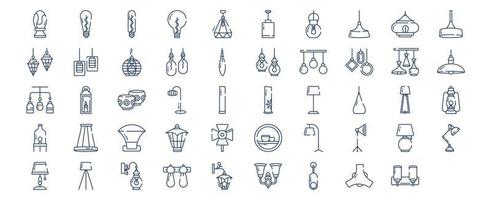 Collection of icons related to Lighting and bulb light, including icons like Bed lamp, Bulb, Decor Light and more. vector illustrations, Pixel Perfect set