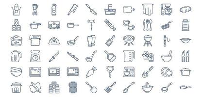 Collection of icons related to Kitchen Tools, including icons like Apron, Butcher knife, Cooker, Coffee mug and more. vector illustrations, Pixel Perfect set