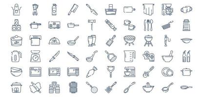 Collection of icons related to Kitchen Tools, including icons like Apron, Butcher knife, Cooker, Coffee mug and more. vector illustrations, Pixel Perfect set