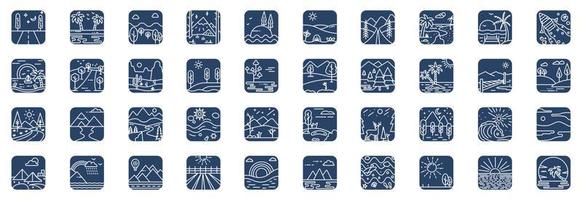 Collection of icons related to Nature Landscape, including icons like River, mountain, tree, sky and more. vector illustrations, Pixel Perfect set