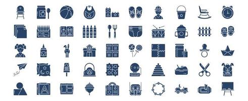 Collection of icons related to Kindergarten School, including icons like Baby Chair, Baby Food, Ball, Bid,  and more. vector illustrations, Pixel Perfect set