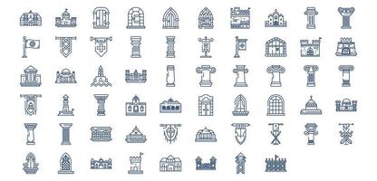 Collection of icons related to Medieval architecture, including icons like Castle, Corinthian pillar, Fort, Palace and more. vector illustrations, Pixel Perfect set