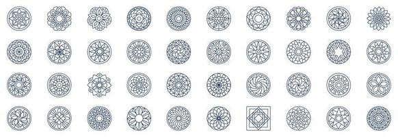 Collection of icons related to Mandalas, including icons like Pattern, Hinduism, Geometric shape, abstract and more. vector illustrations, Pixel Perfect set