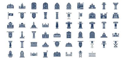 Collection of icons related to Medieval architecture, including icons like Castle, Corinthian pillar, Fort, Palace and more. vector illustrations, Pixel Perfect set