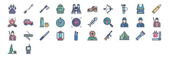 Collection of icons related to Hunting and camping, including icons like Animal, Arrow, Axe, Backpack and more. vector illustrations, Pixel Perfect set