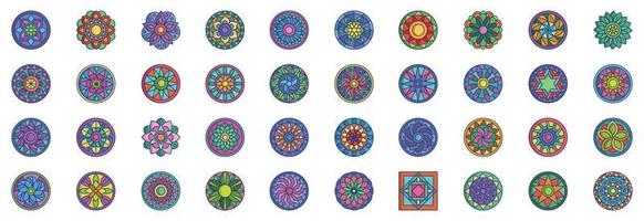 Collection of icons related to Mandalas, including icons like Pattern, Hinduism, Geometric shape, abstract and more. vector illustrations, Pixel Perfect set