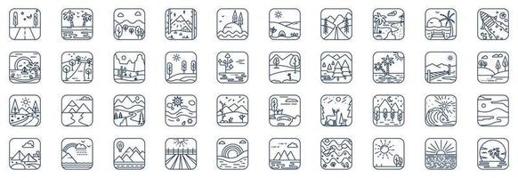 Collection of icons related to Nature Landscape, including icons like River, mountain, tree, sky and more. vector illustrations, Pixel Perfect set