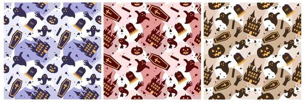 Set of Halloween Seamless Pattern Design With Witch, Haunted House, Pumpkins or Bats in Template Hand Drawn Cartoon Flat Illustration vector
