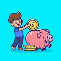 Cute Boy Insert Coin Into Piggy Bank Cartoon Vector Icon Illustration. Saving Money Icon Concept Isolated Premium Vector. Flat Cartoon Style