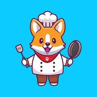 Cute Corgi Chef With Frying Pan And Spatula. Cartoon Vector Icon Illustration. Animal Profession Icon Concept Isolated Premium Vector. Flat Cartoon Style