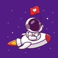 Cute Astronaut Riding Rocket With Love Flag Cartoon Vector Icon Illustration. People Science Space Icon Concept Isolated Premium Vector. Flat Cartoon Style