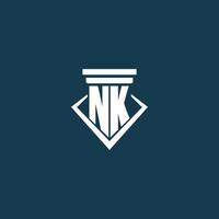 NK initial monogram logo for law firm, lawyer or advocate with pillar icon design vector