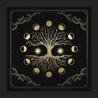 Magical sacred tree in moon phase decoration with engraving, hand drawn, luxury, celestial, esoteric, boho style, fit for spiritualist, religious, paranormal, tarot reader, astrologer or tattoo vector