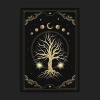 Magical sacred tree  in moon phase decoration with engraving, hand drawn, luxury, celestial, esoteric, boho style, fit for spiritualist, religious, paranormal, tarot reader, astrologer or tattoo vector