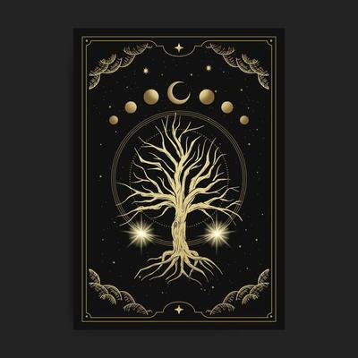 Magical sacred tree  in moon phase decoration with engraving, hand drawn, luxury, celestial, esoteric, boho style, fit for spiritualist, religious, paranormal, tarot reader, astrologer or tattoo