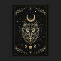 cabeza de lobo con luna creciente con grabado, dibujado a mano, lujo, celestial, esotérico, estilo boho, apto para espiritualista, religioso, paranormal, lector de tarot, astrólogo o vector de tatuaje