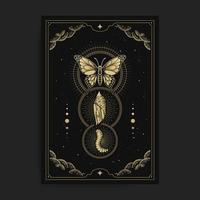 Metamorphosis of butterfly, cocoon, caterpillar with engraving, hand drawn, luxury, celestial, esoteric, boho style, fit for spiritualist, religious, paranormal, tarot reader, astrologer or tattoo vector