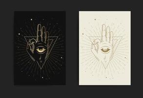 Meditation hand and inner eye with engraving, handrawn, luxury, esoteric, boho style, fit for paranormal, tarot reader, astrologer or tattoo vector