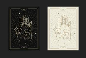 Hand with palmistry diagram with engraving, handrawn, luxury, esoteric, boho style, fit for paranormal, tarot reader, fortune teller, astrologer or tattoo vector