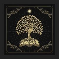 el árbol del conocimiento con libros antiguos con grabado, dibujado a mano, lujoso, celestial, esotérico, estilo boho, apto para espiritistas, religiosos, paranormales, lectores de tarot, astrólogos o vectores de tatuajes