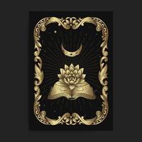 libros antiguos y loto lunar con grabado, dibujado a mano, lujoso, esotérico, estilo boho, apto para lo paranormal, lector de tarot, astrólogo o tatuaje vector