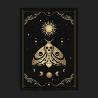 polilla de la muerte y adorno de las fases de la luna y el sol con grabado, dibujado a mano, lujoso, esotérico, estilo boho, apto para lo paranormal, lector de tarot, astrólogo o tatuaje vector