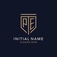 PE initial logo monogram with simple luxury shield icon design vector