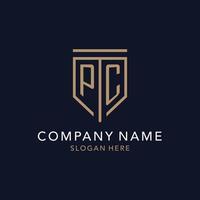 PC initial logo monogram with simple luxury shield icon design vector