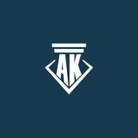 AK initial monogram logo for law firm, lawyer or advocate with pillar icon design vector