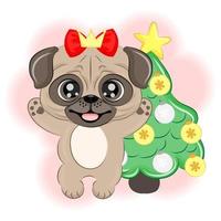 Cute pug dog near the Christmas tree Christmas vector illustration