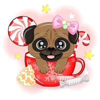 Lindo perro pug en un tazón de caramelo ilustración vectorial de navidad vector