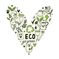 Eco doodles vector set. Symbols of environmental care - recycling, reusable packaging, natural energy. Go green, zero waste. Bio elements, heart shape.  Clipart for posters,  cards. Isolated on white