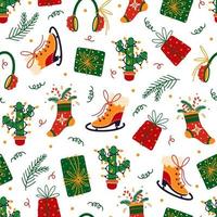 Christmas seamless vector pattern. New Year symbols - holiday stocking, bright gifts, ice skates, tree branch. Flat cartoon background for wallpaper, textile, posters. Simple winter doodles