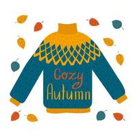 Lettering Cozy Autumn on knitting sweater and foliage in flat style vector