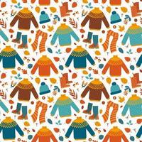 Autumnal seamless pattern with colorful clothes and leaves in flat style vector