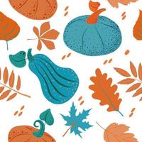 Seamless pattern of stylized fall pumpkins with autumn leaves on a white background. Autumn. Brightly colored vegetables. Halloween. Autumn harvest. Thanksgiving. Appropriate for textiles and packagi vector