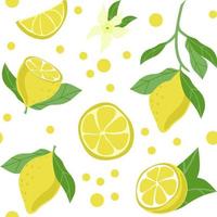 Seamless pattern of bright lemons, hand-drawn elements. Summer. Yellow lemons with leaves and flowers on white background. Lemonade. Suitable for textiles and packaging vector